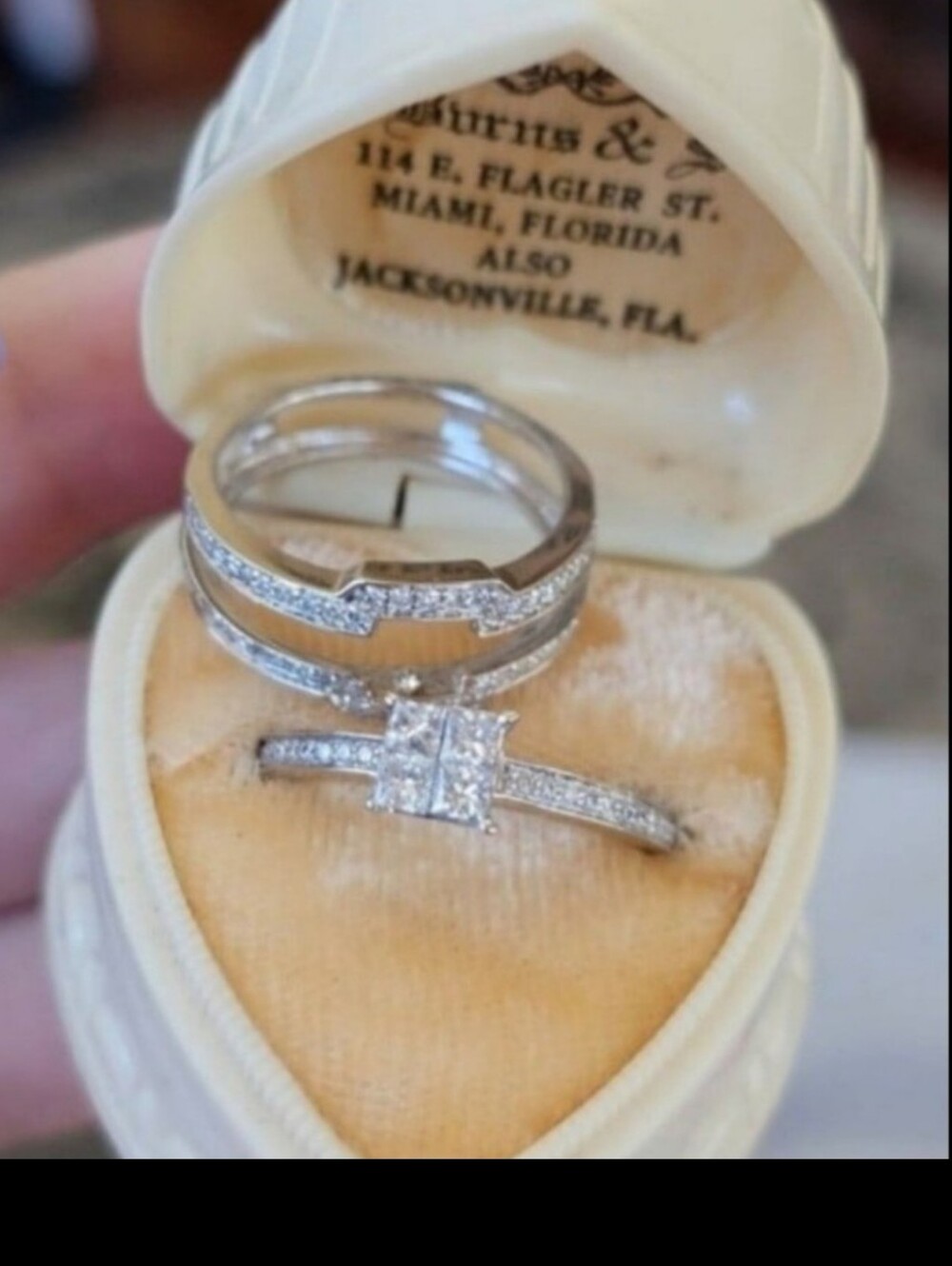 New. 14k white gold wedding set includes engagement ring and enhancer ring. Stam